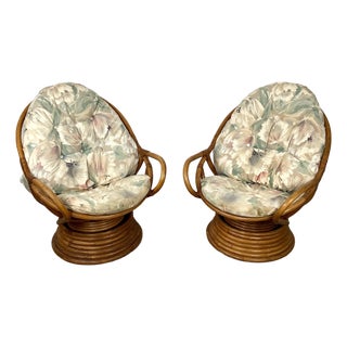 Pair of Vintage Rattan Swivel Egg Pod Lounge Chairs, Stacked Pedestal Base For Sale