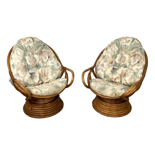 Pair of Vintage Rattan Swivel Egg Pod Lounge Chairs, Stacked Pedestal Base For Sale
