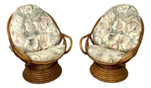 Pair of Vintage Rattan Swivel Egg Pod Lounge Chairs, Stacked Pedestal Base