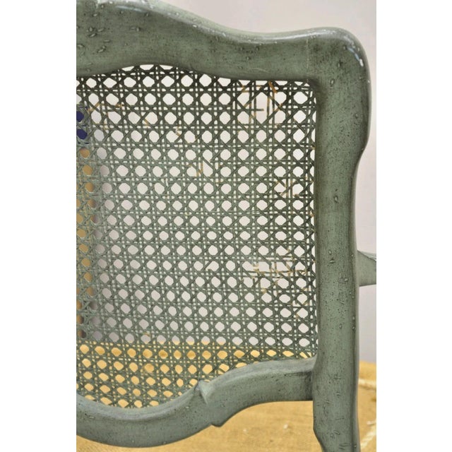 Blue Antique French Louis XV Style Blue Painted Cane Back Fauteuil Arm Chairs - Pair For Sale - Image 8 of 12