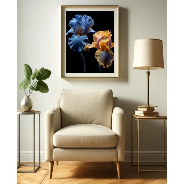 Two irises unfold in luminous detail—one bathed in cool sapphire tones, the other in warm golden light. Their delicate...