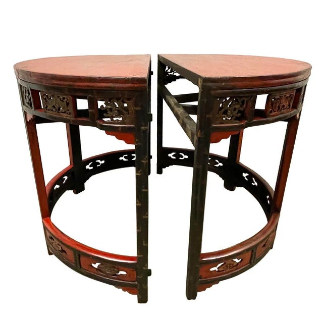 19th Century Antique Chinese Carved Redlacquered Half Moon Tables, Set For Sale - Image 11 of 14