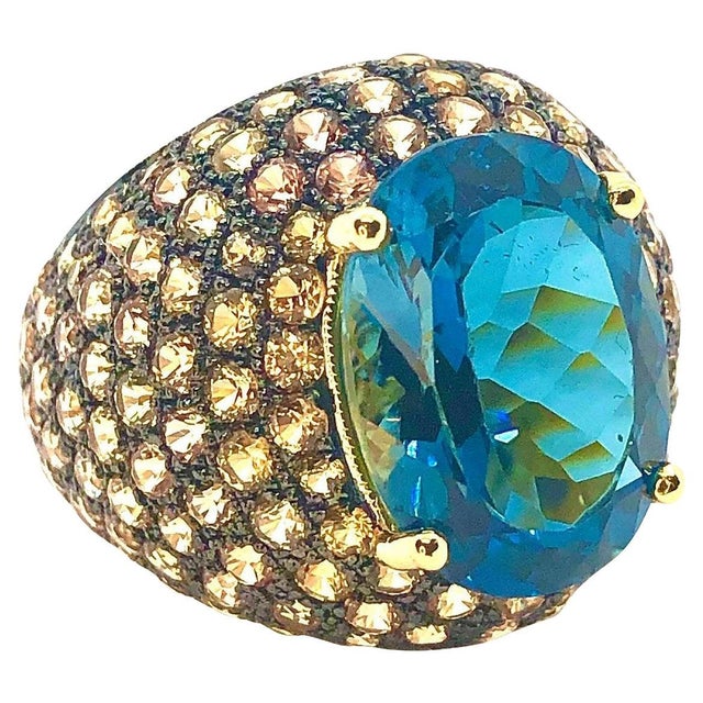 Blue Bochic "Orient" Vintage Natural Yellow Sapphire & Blue Topaz Ring Set 18K Gold & Silver For Sale - Image 8 of 8