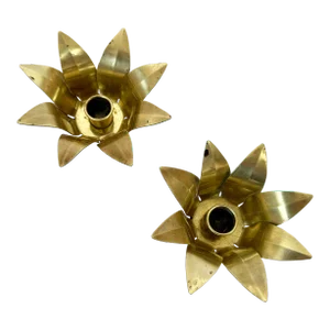 1960s Vintage Swedish Mid-Century Modern Brass Lotus Flower Candlestick Holders Set of 2