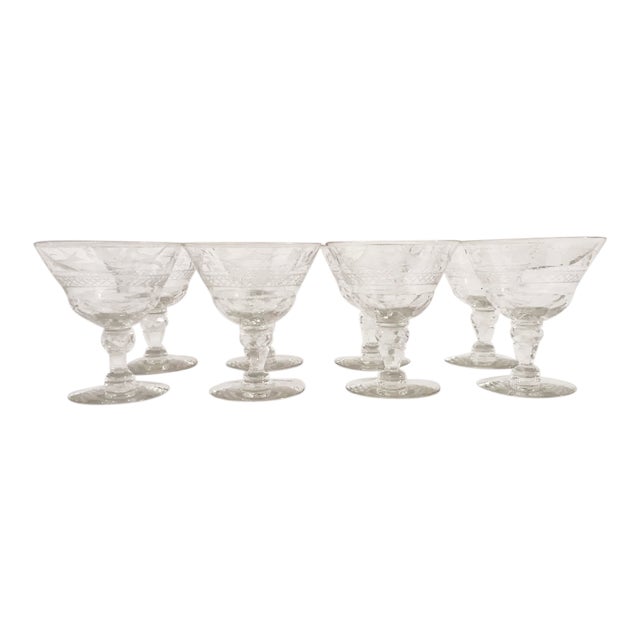 Vintage Etched Clear Cut Sherry Glasses - Set of 8 For Sale