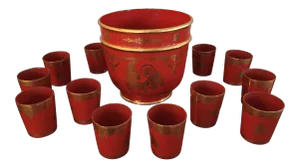 Thai Wood Lacquer Bowl Set With Matching Cups - 13 Pieces Vintage 1970s