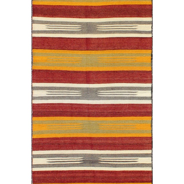 Vintage Turkish Kilim runner with stripes in red, green, yellow, ivory, gray, rug ned-145, country of origin / type:...