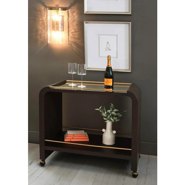 Art Deco Matthew Izzo Home Espresso and Brass Oak Wood Bar Cart For Sale - Image 3 of 6