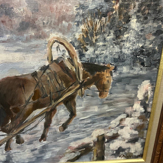 Textile 20th Century European School Oil on Canvas by Polish Artist Edward Mesjasz (1929-2007) Depicting Winter Horses Hauling Woods For Sale - Image 7 of 12