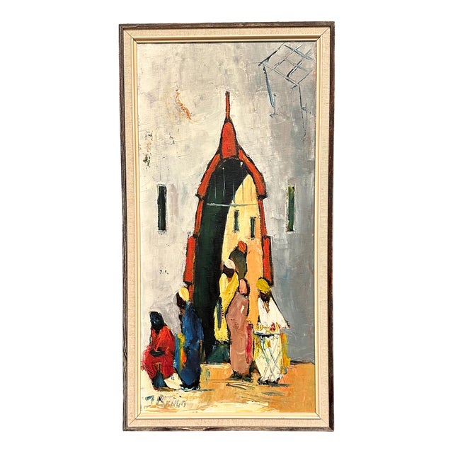 Jörgen Bruun, Villagers, 1960s, Oil Painting on Panel, Framed For Sale