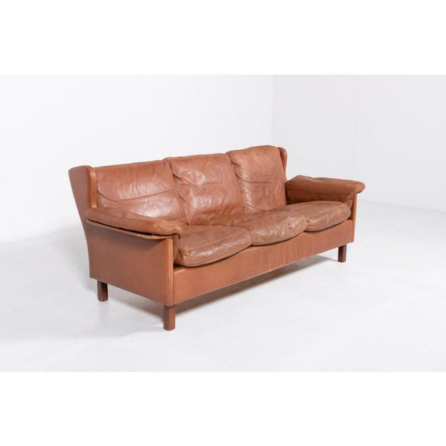Danish Modern Cognac Leather Wing Sofa, 1970s For Sale - Image 3 of 11
