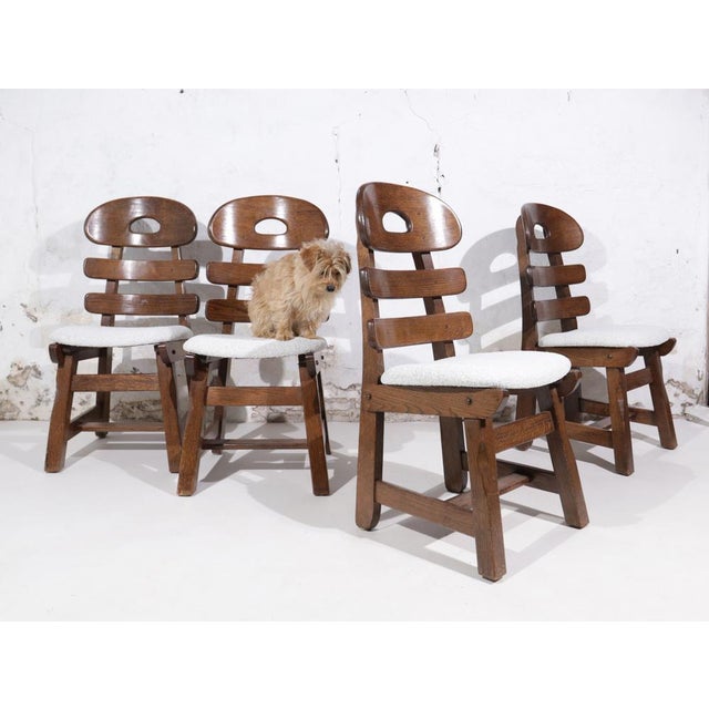 Spanish Brutalist Fishbone Chairs in Oak and Bouclé, 1960s, Set of 4 For Sale - Image 15 of 18