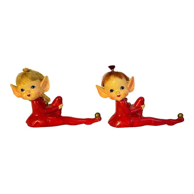 Vintage 1950s Pixie Elf Figurines Anthropomorphic Red Knee Hugger Elves Christmas Holiday a Pair For Sale