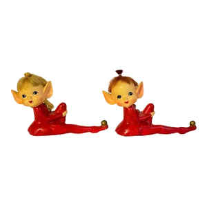 Vintage 1950s Pixie Elf Figurines Anthropomorphic Red Knee Hugger Elves Christmas Holiday a Pair
