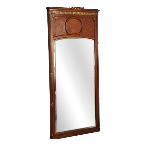 Antique Mahogany Trumeau Wall Mirror with Inlays, 1890 For Sale