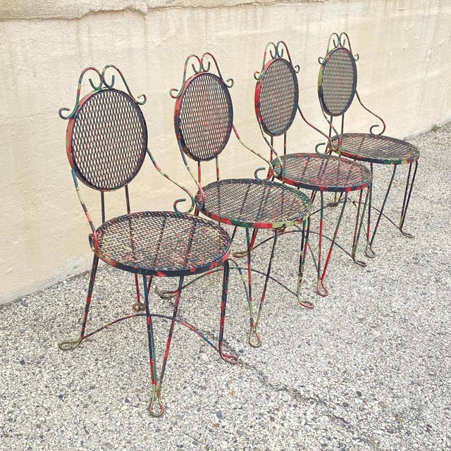 Vintage Victorian Style Small Wrought Iron Camo Paint Garden Patio Chair - Set 4 For Sale - Image 12 of 12