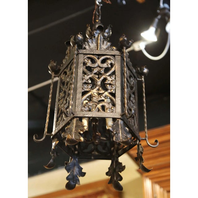 Metal 19th Century French Gothic Black and Gilt Iron Three-Light Hexagon Lantern For Sale - Image 7 of 8