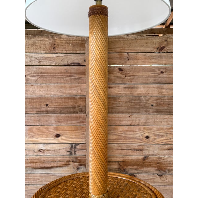 Mid 20th Century Mid-20th Century Coastal Twist Rattan Floor Lamp With Two-Tier Table and New Shade For Sale - Image 5 of 12