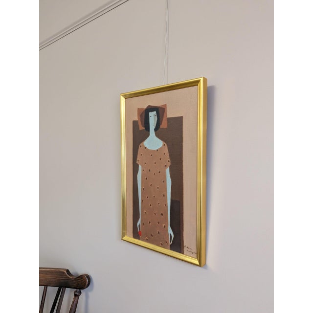 Mid-Century Modern 'Woman With a Red Flower' Vintage Figurative Oil Painting by Swedish Artist Fabian Lundqvist (1913-1989), Framed For Sale - Image 6 of 10
