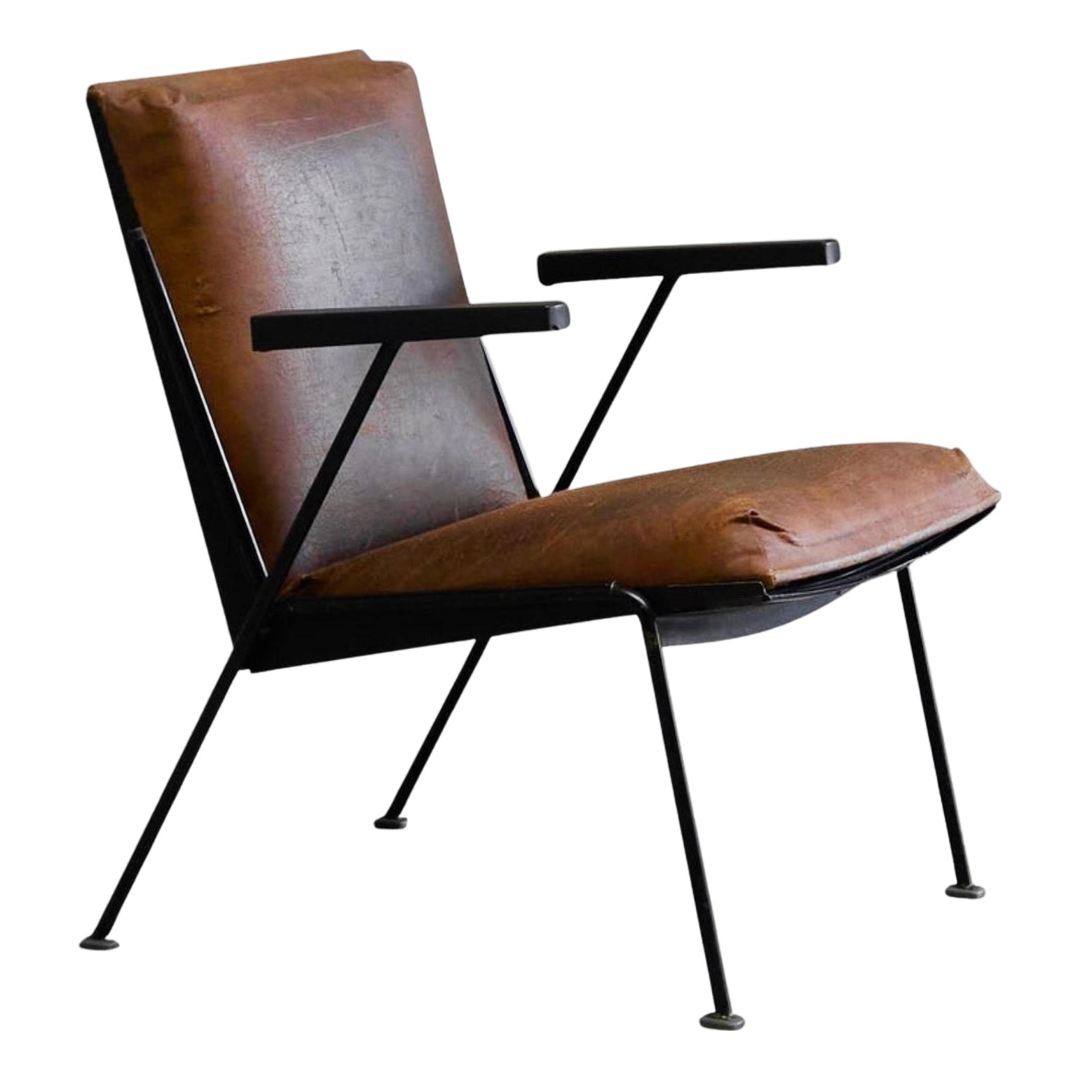 Modern Dutch Lounge Chair in Enameled Steel and Patinated Brown Leather ...