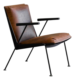 Modern Dutch Lounge Chair in Enameled Steel and Patinated Brown Leather by Wim Rietveld, 1950s