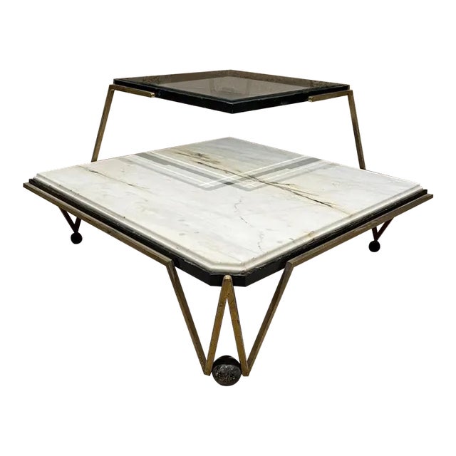 1950s Arturo Pani Mexico Corner Table in Marble Beveled Glass Bronze For Sale