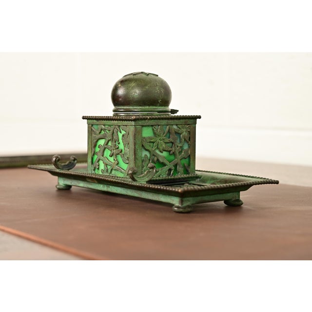 Art Deco Apollo Studios New York Arts & Crafts Grapevine Pattern Bronze and Slag Glass Inkwell With Pen Holder For Sale - Image 3 of 14