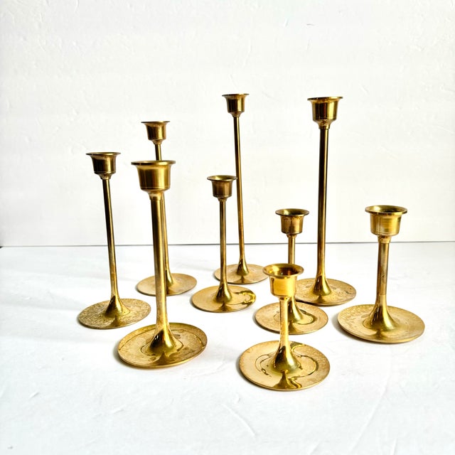 MCM Brass Graduated Tulip Style Candlestick Holders Vintage Taper Candle Holders Set of 9 For Sale - Image 9 of 9