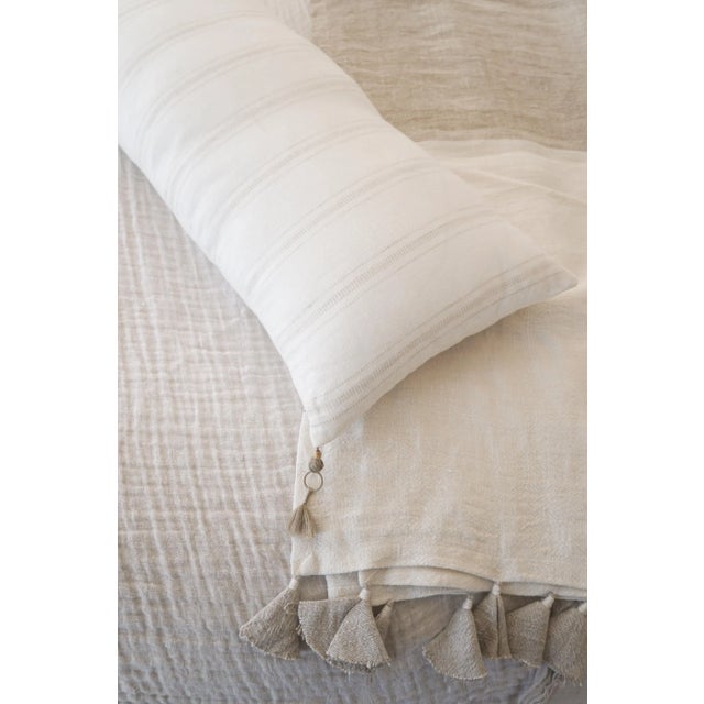 Modern White So Soft Linen Pillow Cover With Natural Beige Stripes For Sale - Image 3 of 8