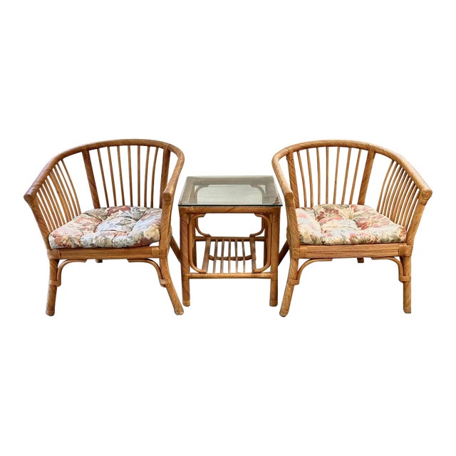 Vintage Set Rattan Chairs and Matching Table For Sale