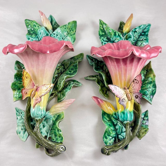 A pair of majolica glazed French Morning Glory wall pockets, Fives-Lille, circa 1890. Fives-Lille was founded by the...