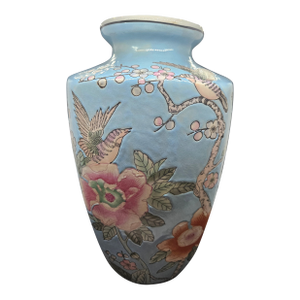Vintage 20th Century Large Blue Chinese Hand Painted Porcelain Moriage Jar Vase