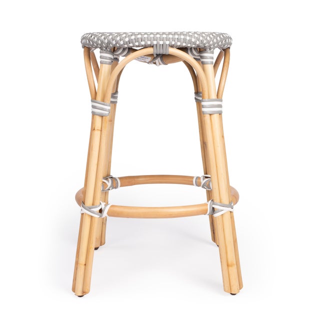 2020s Tobias 24 in. Seat Height Round Rattan Backless Counter Stool, Gray/White Dot / Natural Rattan Frame For Sale - Image 5 of 8
