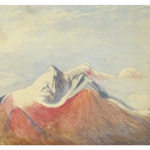 Fabulous watercolor landscape of a sweeping view of snow covered mountains, a man pulls a cart with his steer in the...