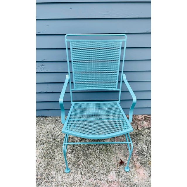 Painted Antique Teal Vintage Wrought Iron Rocker Chair Coastal Grandmother For Sale - Image 9 of 9
