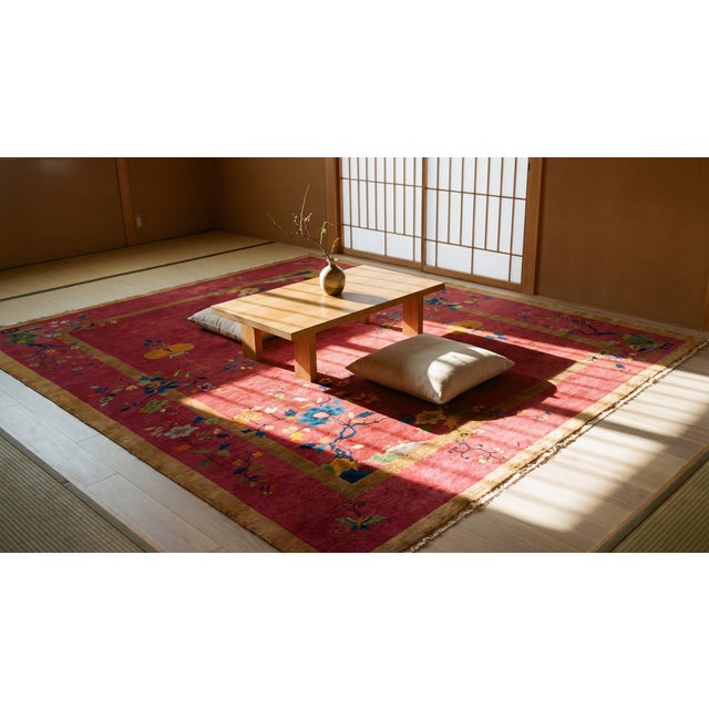 Stunning Red-Raspebery Background Color With Colorful Floral Design Antique Chinese Art Deco Rug For Sale - Image 12 of 13