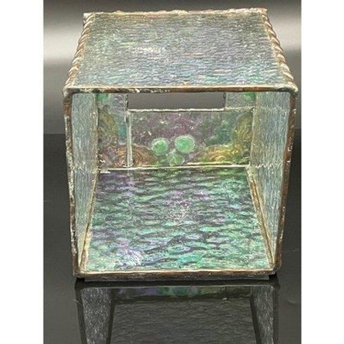 Metal Vintage Handmade Iridescent Stained Glass Tissue Box Cover Art Glass Decor For Sale - Image 7 of 15