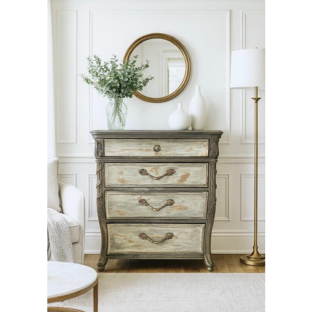This stunning three-drawer chest has been artistically transformed into a French-inspired statement piece. The body...