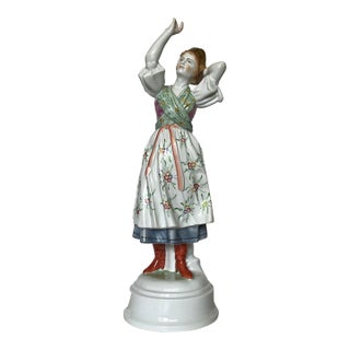 Herend Hand-Painted Porcelain Hungarian Female Dancer Figurine With Floral Dress & Gold Headdress For Sale