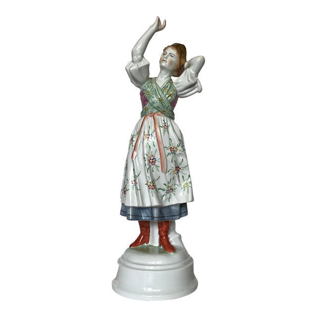 Herend Hand-Painted Porcelain Hungarian Female Dancer Figurine With Floral Dress & Gold Headdress For Sale