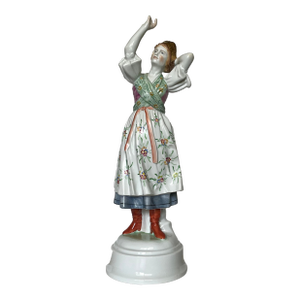 Herend Hand-Painted Porcelain Hungarian Female Dancer Figurine With Floral Dress & Gold Headdress
