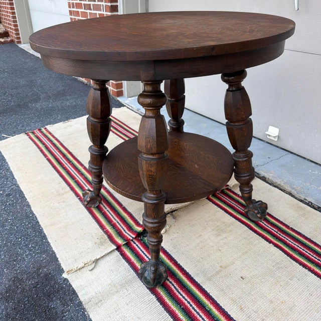 Antique Quartersawn Oak Round Tabouret Table With Glass Ball & Claw Feet For Sale - Image 16 of 18