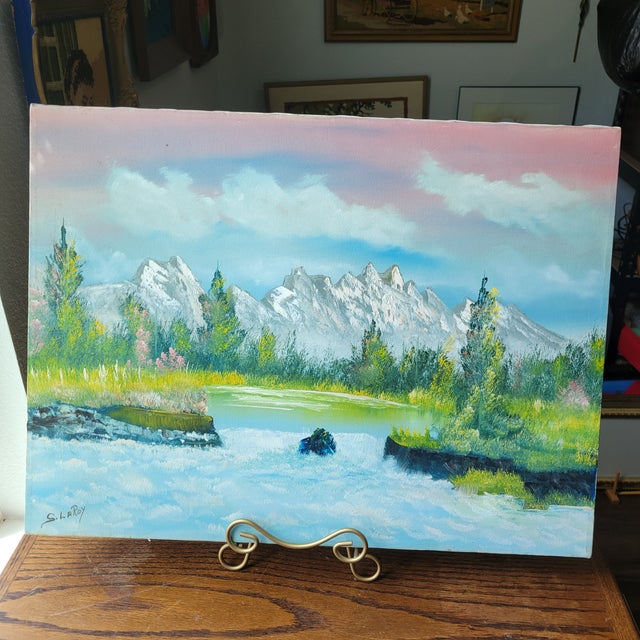 1970s 1970s S. LeRoy Original Oil on Canvas River Landscape Painting Signed Unframed Trees For Sale - Image 5 of 18