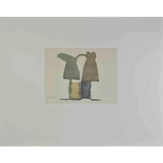 Still life is a vintage offset print, reproducing the original watercolor by Giorgio Morandi. Signature and date by the...