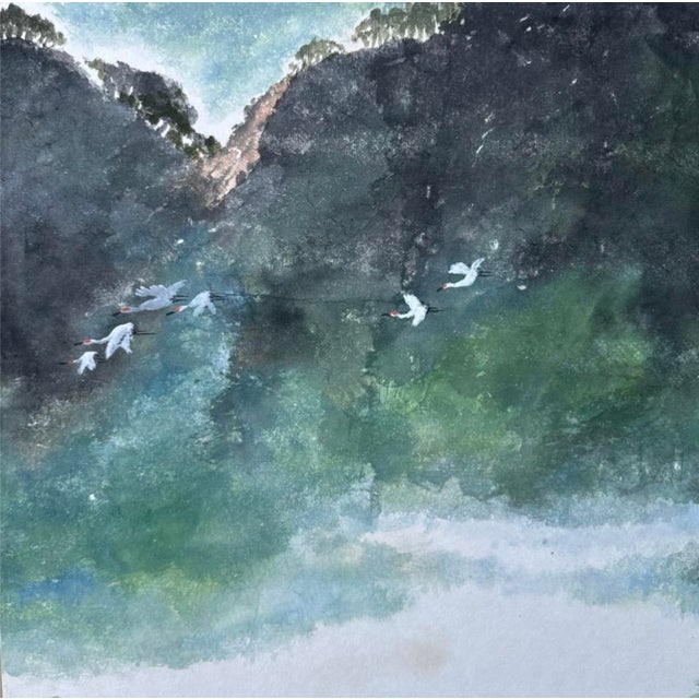 Mid 20th Century Monumental Chinese 6 Panel Hand-Painted Landscape Screen W/ Cranes & Calligraphy For Sale - Image 10 of 18
