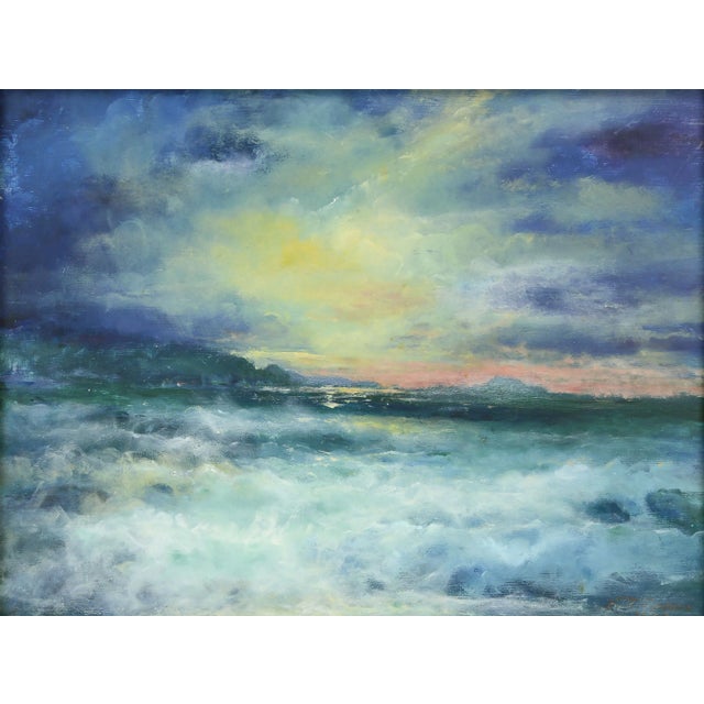 Dynamic seascape featuring a dramatic purple and yellow sky over deep green ocean waves by Vasil (Victor) Papkov (20th...