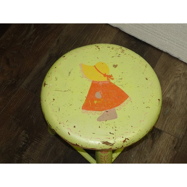 Vintage French Country Lime Green Rustic Footstool Stool W a Child Pictured For Sale - Image 9 of 16