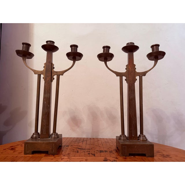 Metal Dutch Amsterdam School Arts and Crafts 1910 Pair of Brass Candleholders For Sale - Image 7 of 15