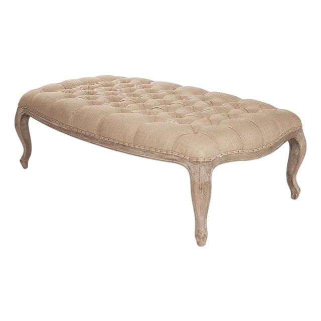 Maison Tufted Ottoman with Cabriole Legs - Natural Burlap Linen / Weathered Oak Frame For Sale
