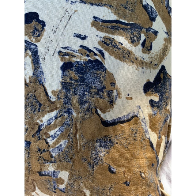 Contemporary Printed Linen Navy Blue and Bronze Down Pillows - a Pair For Sale - Image 12 of 12